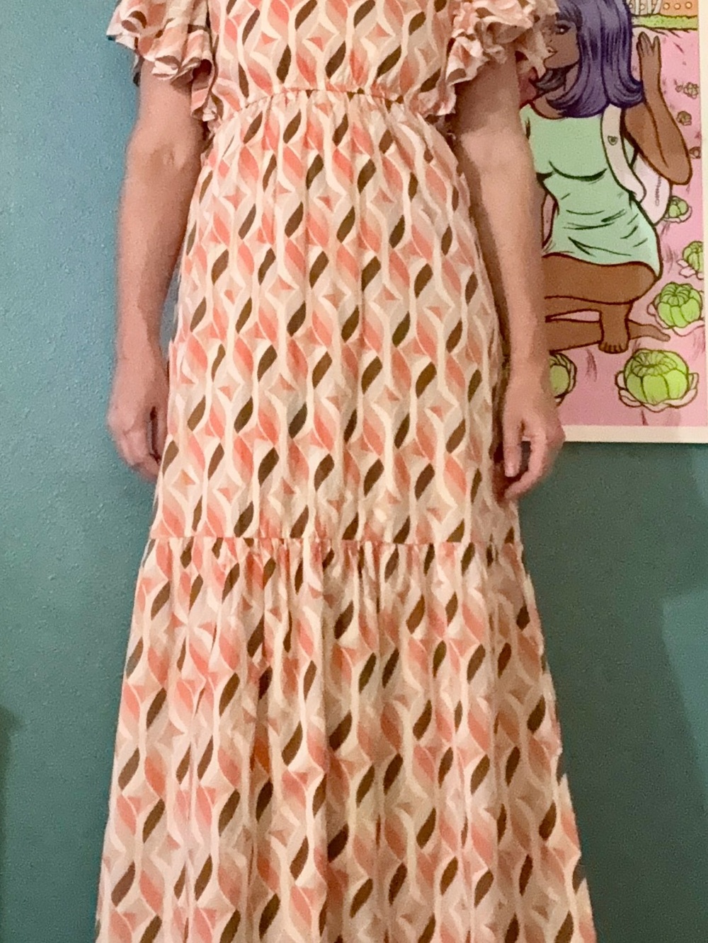 ⁠Sim & Sam Retro Geometric Tiered Maxi Dress Flutter Sleeve Small⁠